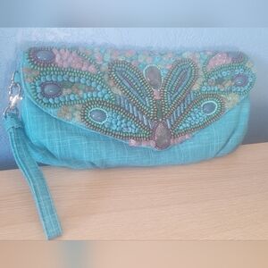 Chico's Turquoise-Colored Beaded Clutch Wristlet